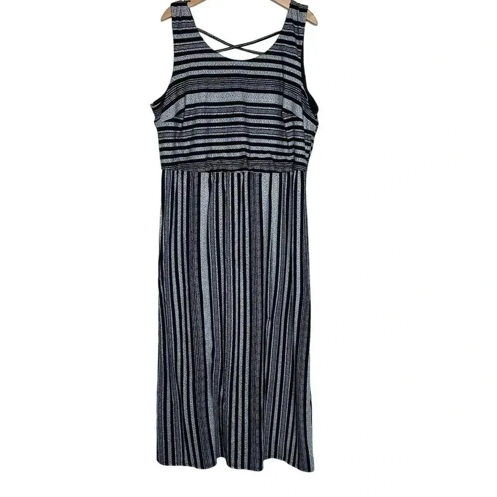 Fortune + Ivy Maxi Dress 2X Black White Striped Glitter Criss Cross Slit